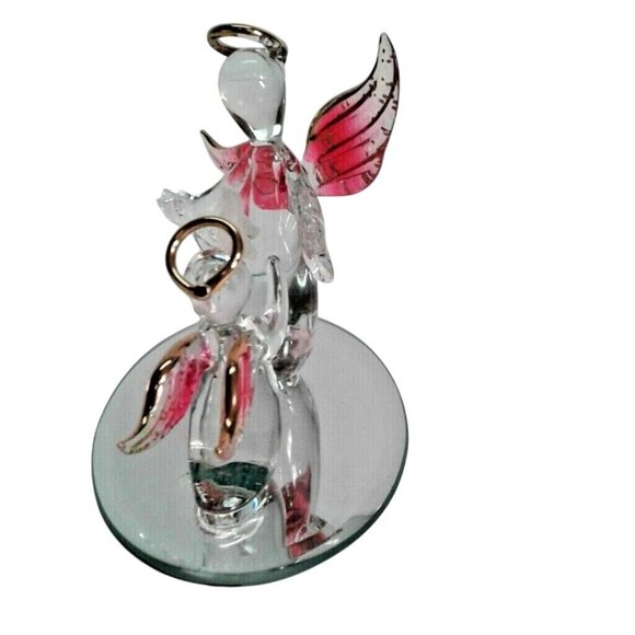 Hand Blown Glass Mother Child Angels Bird Mirror Base 22kt Gold Trim - Picture 4 of 7